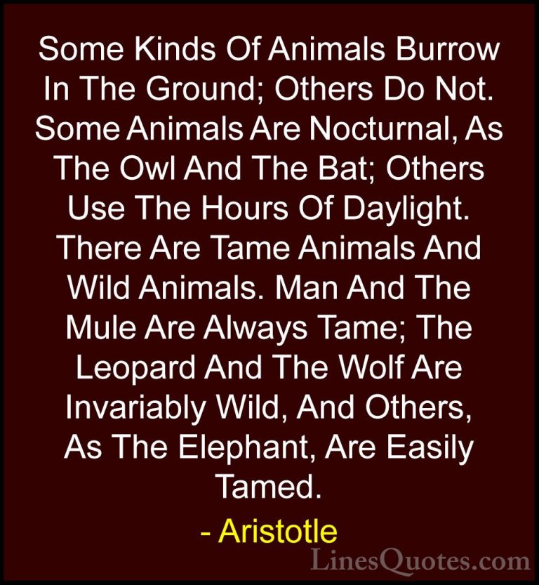 Aristotle Quotes (28) - Some Kinds Of Animals Burrow In The Groun... - QuotesSome Kinds Of Animals Burrow In The Ground; Others Do Not. Some Animals Are Nocturnal, As The Owl And The Bat; Others Use The Hours Of Daylight. There Are Tame Animals And Wild Animals. Man And The Mule Are Always Tame; The Leopard And The Wolf Are Invariably Wild, And Others, As The Elephant, Are Easily Tamed.