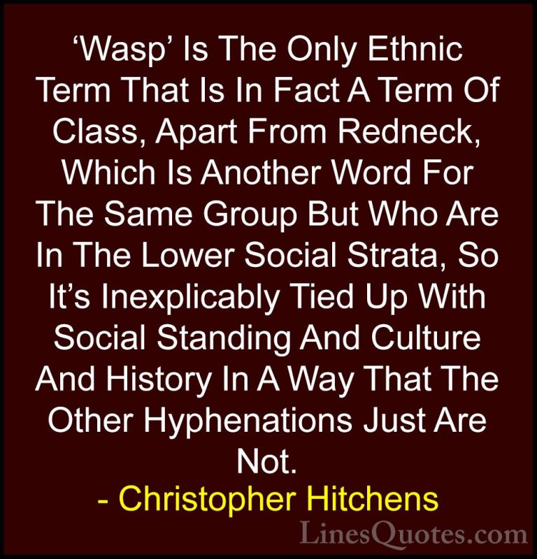 Christopher Hitchens Quotes (85) - 'Wasp' Is The Only Ethnic Term... - Quotes'Wasp' Is The Only Ethnic Term That Is In Fact A Term Of Class, Apart From Redneck, Which Is Another Word For The Same Group But Who Are In The Lower Social Strata, So It's Inexplicably Tied Up With Social Standing And Culture And History In A Way That The Other Hyphenations Just Are Not.
