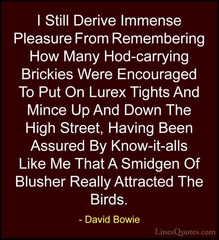 David Bowie Quotes (122) - I Still Derive Immense Pleasure From R... - QuotesI Still Derive Immense Pleasure From Remembering How Many Hod-carrying Brickies Were Encouraged To Put On Lurex Tights And Mince Up And Down The High Street, Having Been Assured By Know-it-alls Like Me That A Smidgen Of Blusher Really Attracted The Birds.