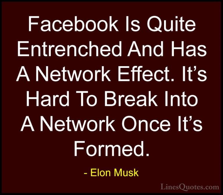 Elon Musk Quotes (79) - Facebook Is Quite Entrenched And Has A Ne... - QuotesFacebook Is Quite Entrenched And Has A Network Effect. It's Hard To Break Into A Network Once It's Formed.