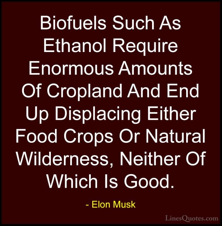 Elon Musk Quotes (82) - Biofuels Such As Ethanol Require Enormous... - QuotesBiofuels Such As Ethanol Require Enormous Amounts Of Cropland And End Up Displacing Either Food Crops Or Natural Wilderness, Neither Of Which Is Good.