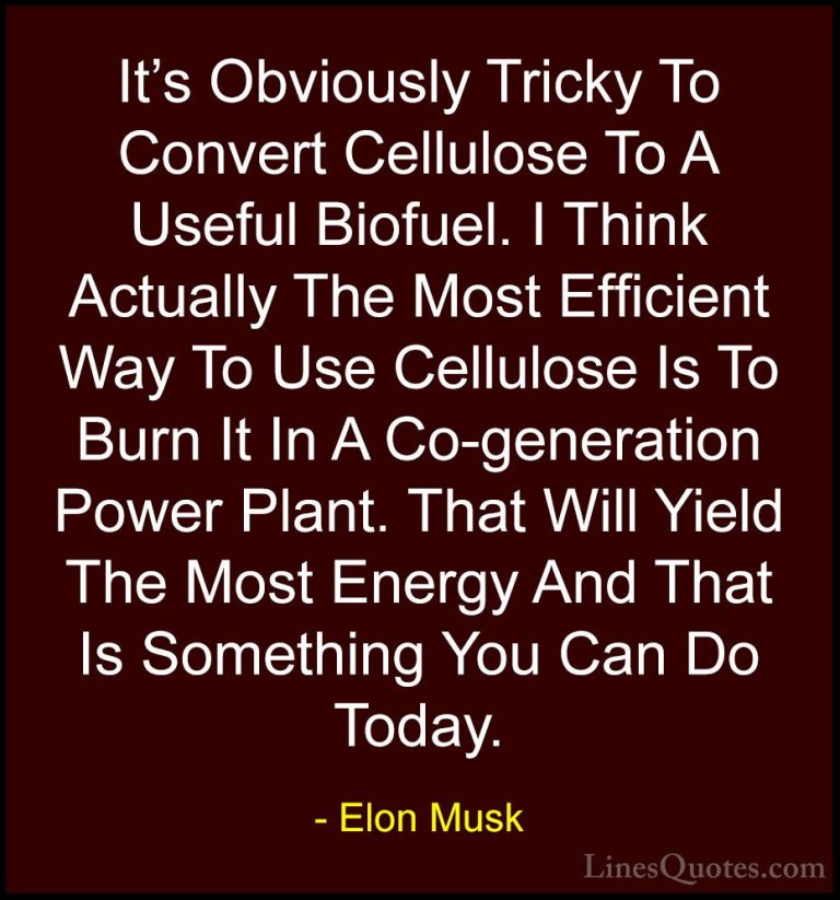 Elon Musk Quotes (83) - It's Obviously Tricky To Convert Cellulos... - QuotesIt's Obviously Tricky To Convert Cellulose To A Useful Biofuel. I Think Actually The Most Efficient Way To Use Cellulose Is To Burn It In A Co-generation Power Plant. That Will Yield The Most Energy And That Is Something You Can Do Today.