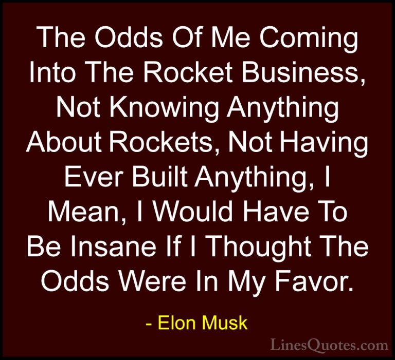 Elon Musk Quotes (89) - The Odds Of Me Coming Into The Rocket Bus... - QuotesThe Odds Of Me Coming Into The Rocket Business, Not Knowing Anything About Rockets, Not Having Ever Built Anything, I Mean, I Would Have To Be Insane If I Thought The Odds Were In My Favor.