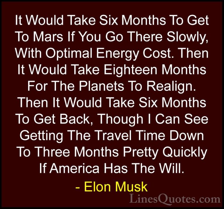 Elon Musk Quotes (91) - It Would Take Six Months To Get To Mars I... - QuotesIt Would Take Six Months To Get To Mars If You Go There Slowly, With Optimal Energy Cost. Then It Would Take Eighteen Months For The Planets To Realign. Then It Would Take Six Months To Get Back, Though I Can See Getting The Travel Time Down To Three Months Pretty Quickly If America Has The Will.