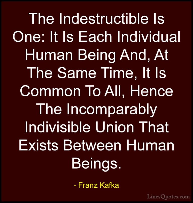 Franz Kafka Quotes (43) - The Indestructible Is One: It Is Each I... - QuotesThe Indestructible Is One: It Is Each Individual Human Being And, At The Same Time, It Is Common To All, Hence The Incomparably Indivisible Union That Exists Between Human Beings.