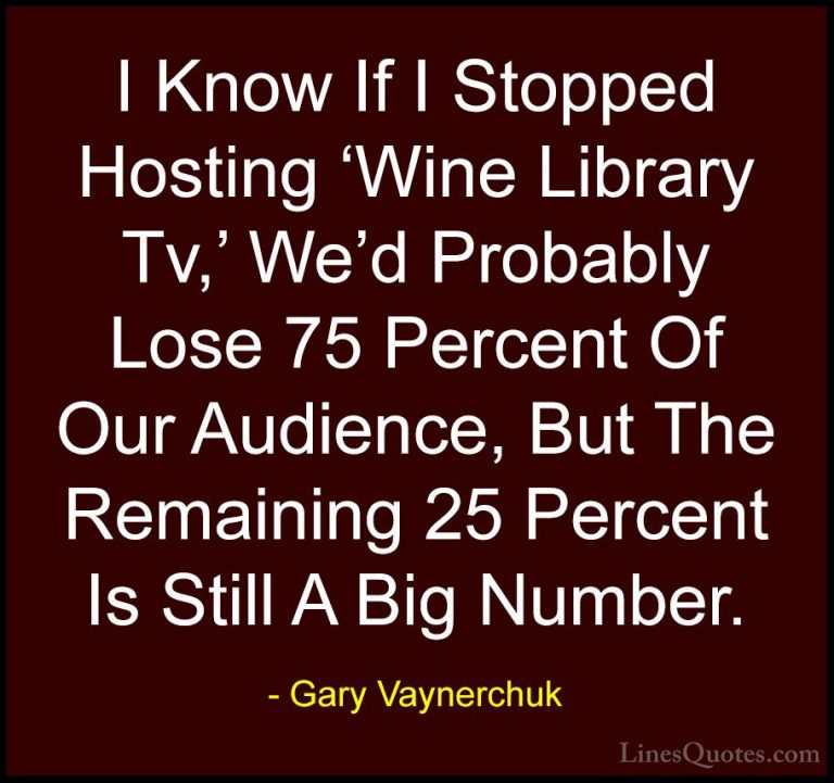 Gary Vaynerchuk Quotes (56) - I Know If I Stopped Hosting 'Wine L... - QuotesI Know If I Stopped Hosting 'Wine Library Tv,' We'd Probably Lose 75 Percent Of Our Audience, But The Remaining 25 Percent Is Still A Big Number.