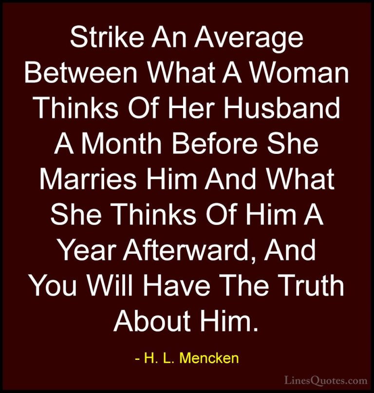 H. L. Mencken Quotes (30) - Strike An Average Between What A Woma... - QuotesStrike An Average Between What A Woman Thinks Of Her Husband A Month Before She Marries Him And What She Thinks Of Him A Year Afterward, And You Will Have The Truth About Him.