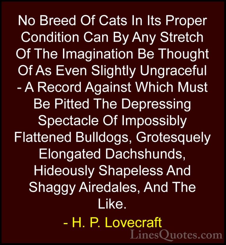 H. P. Lovecraft Quotes (37) - No Breed Of Cats In Its Proper Cond... - QuotesNo Breed Of Cats In Its Proper Condition Can By Any Stretch Of The Imagination Be Thought Of As Even Slightly Ungraceful - A Record Against Which Must Be Pitted The Depressing Spectacle Of Impossibly Flattened Bulldogs, Grotesquely Elongated Dachshunds, Hideously Shapeless And Shaggy Airedales, And The Like.