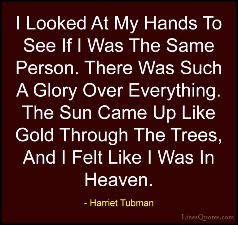 Harriet Tubman Quotes (7) - I Looked At My Hands To See If I Was ... - QuotesI Looked At My Hands To See If I Was The Same Person. There Was Such A Glory Over Everything. The Sun Came Up Like Gold Through The Trees, And I Felt Like I Was In Heaven.