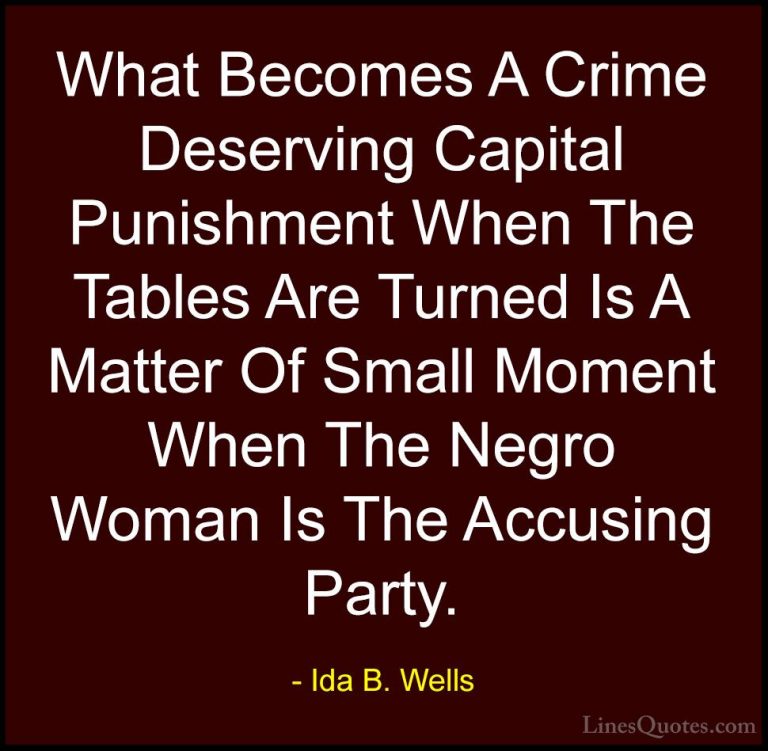 Ida B. Wells Quotes (3) - What Becomes A Crime Deserving Capital ... - QuotesWhat Becomes A Crime Deserving Capital Punishment When The Tables Are Turned Is A Matter Of Small Moment When The Negro Woman Is The Accusing Party.