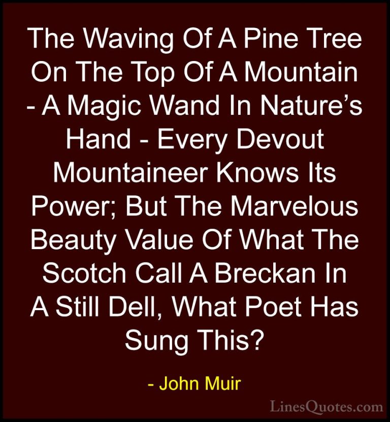 John Muir Quotes (114) - The Waving Of A Pine Tree On The Top Of ... - QuotesThe Waving Of A Pine Tree On The Top Of A Mountain - A Magic Wand In Nature's Hand - Every Devout Mountaineer Knows Its Power; But The Marvelous Beauty Value Of What The Scotch Call A Breckan In A Still Dell, What Poet Has Sung This?