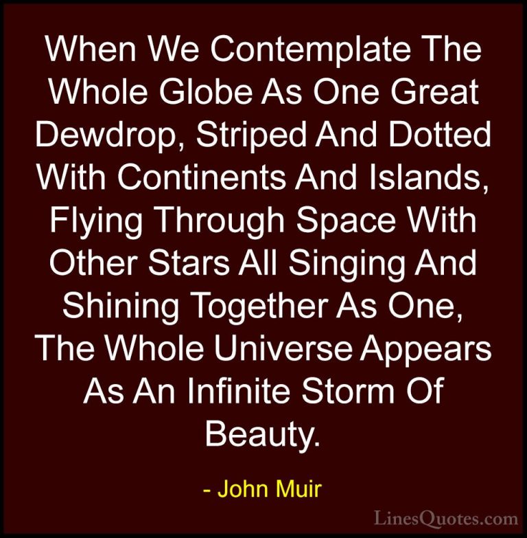 John Muir Quotes (24) - When We Contemplate The Whole Globe As On... - QuotesWhen We Contemplate The Whole Globe As One Great Dewdrop, Striped And Dotted With Continents And Islands, Flying Through Space With Other Stars All Singing And Shining Together As One, The Whole Universe Appears As An Infinite Storm Of Beauty.