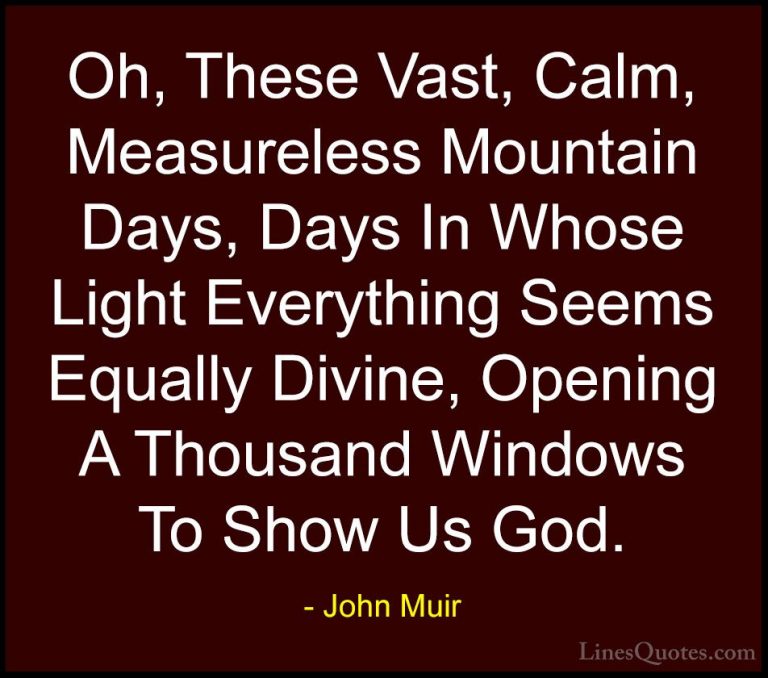 John Muir Quotes (6) - Oh, These Vast, Calm, Measureless Mountain... - QuotesOh, These Vast, Calm, Measureless Mountain Days, Days In Whose Light Everything Seems Equally Divine, Opening A Thousand Windows To Show Us God.