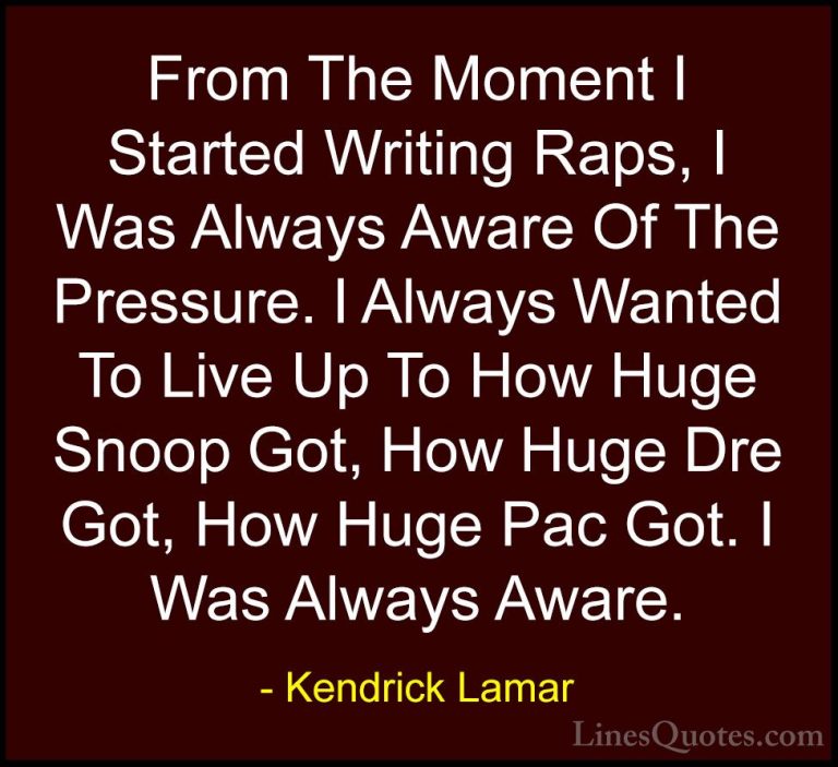 Kendrick Lamar Quotes (34) - From The Moment I Started Writing Ra... - QuotesFrom The Moment I Started Writing Raps, I Was Always Aware Of The Pressure. I Always Wanted To Live Up To How Huge Snoop Got, How Huge Dre Got, How Huge Pac Got. I Was Always Aware.