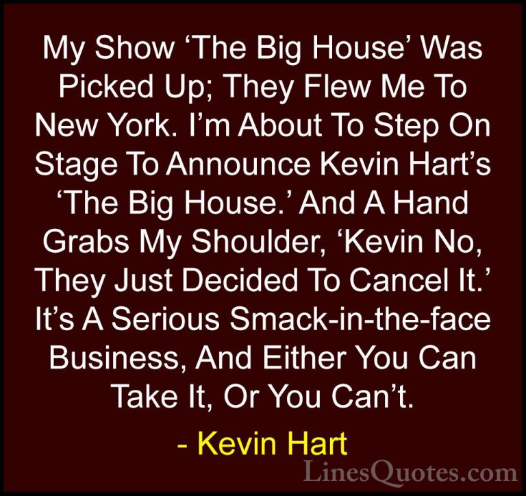 Kevin Hart Quotes (70) - My Show 'The Big House' Was Picked Up; T... - QuotesMy Show 'The Big House' Was Picked Up; They Flew Me To New York. I'm About To Step On Stage To Announce Kevin Hart's 'The Big House.' And A Hand Grabs My Shoulder, 'Kevin No, They Just Decided To Cancel It.' It's A Serious Smack-in-the-face Business, And Either You Can Take It, Or You Can't.
