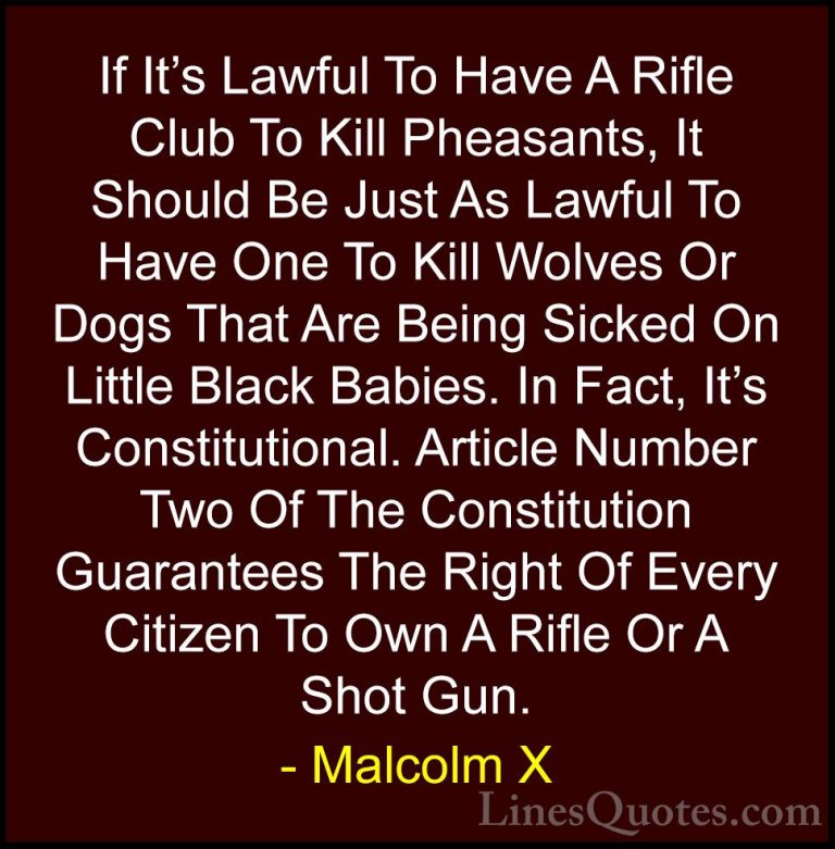 Malcolm X Quotes (43) - If It's Lawful To Have A Rifle Club To Ki... - QuotesIf It's Lawful To Have A Rifle Club To Kill Pheasants, It Should Be Just As Lawful To Have One To Kill Wolves Or Dogs That Are Being Sicked On Little Black Babies. In Fact, It's Constitutional. Article Number Two Of The Constitution Guarantees The Right Of Every Citizen To Own A Rifle Or A Shot Gun.