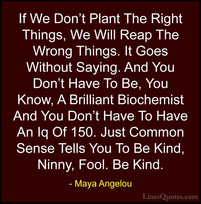 Maya Angelou Quotes (161) - If We Don't Plant The Right Things, W... - QuotesIf We Don't Plant The Right Things, We Will Reap The Wrong Things. It Goes Without Saying. And You Don't Have To Be, You Know, A Brilliant Biochemist And You Don't Have To Have An Iq Of 150. Just Common Sense Tells You To Be Kind, Ninny, Fool. Be Kind.