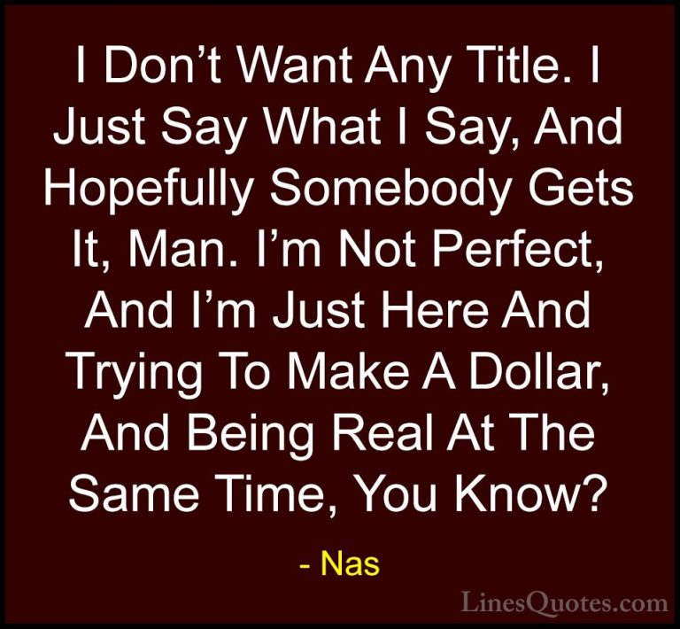 Nas Quotes (3) - I Don't Want Any Title. I Just Say What I Say, A... - QuotesI Don't Want Any Title. I Just Say What I Say, And Hopefully Somebody Gets It, Man. I'm Not Perfect, And I'm Just Here And Trying To Make A Dollar, And Being Real At The Same Time, You Know?