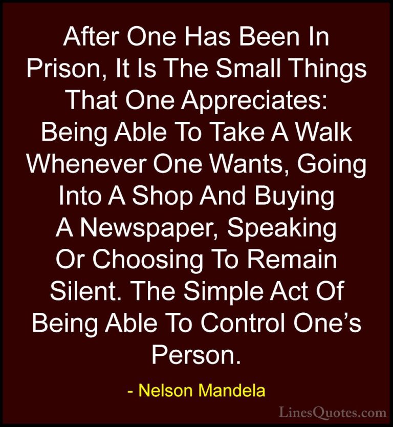 Nelson Mandela Quotes (21) - After One Has Been In Prison, It Is ... - QuotesAfter One Has Been In Prison, It Is The Small Things That One Appreciates: Being Able To Take A Walk Whenever One Wants, Going Into A Shop And Buying A Newspaper, Speaking Or Choosing To Remain Silent. The Simple Act Of Being Able To Control One's Person.