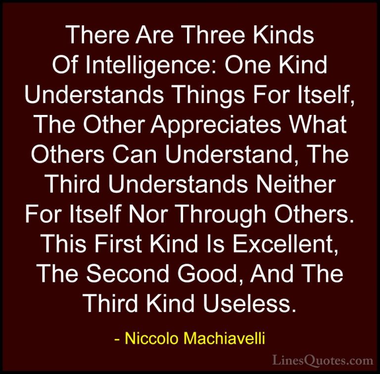 Niccolo Machiavelli Quotes (36) - There Are Three Kinds Of Intell... - QuotesThere Are Three Kinds Of Intelligence: One Kind Understands Things For Itself, The Other Appreciates What Others Can Understand, The Third Understands Neither For Itself Nor Through Others. This First Kind Is Excellent, The Second Good, And The Third Kind Useless.