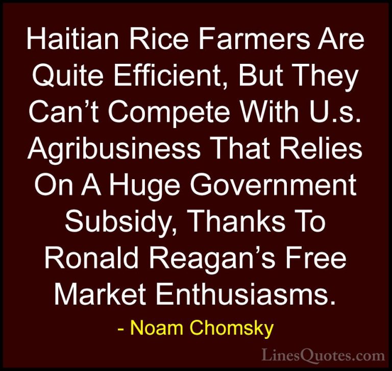 Noam Chomsky Quotes (276) - Haitian Rice Farmers Are Quite Effici... - QuotesHaitian Rice Farmers Are Quite Efficient, But They Can't Compete With U.s. Agribusiness That Relies On A Huge Government Subsidy, Thanks To Ronald Reagan's Free Market Enthusiasms.