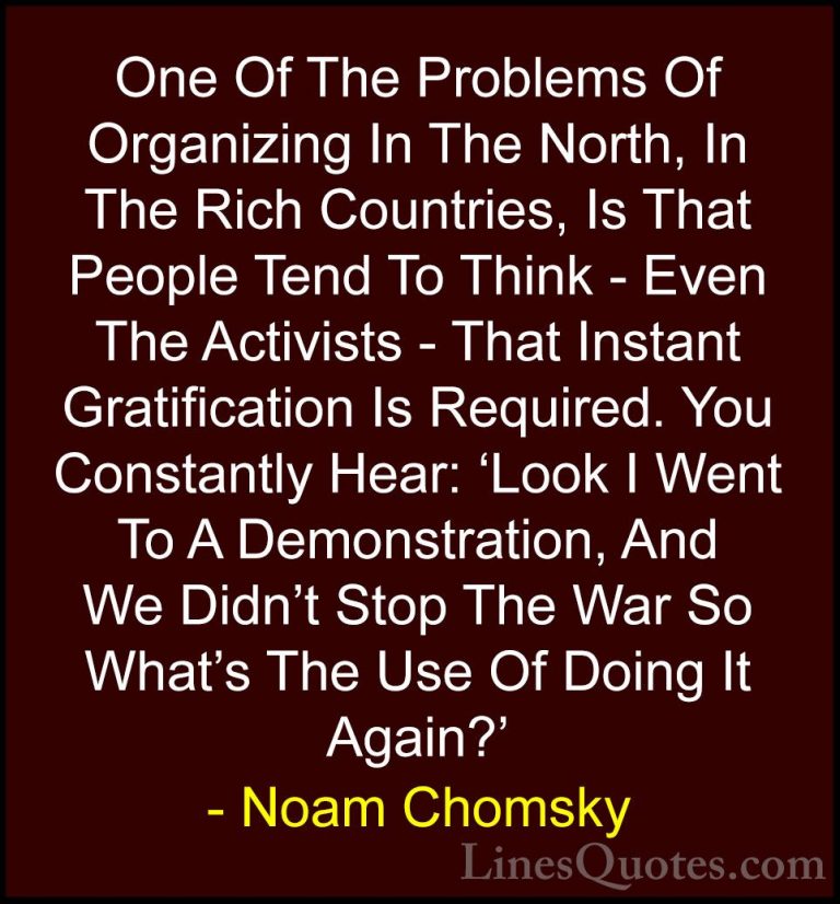 Noam Chomsky Quotes (291) - One Of The Problems Of Organizing In ... - QuotesOne Of The Problems Of Organizing In The North, In The Rich Countries, Is That People Tend To Think - Even The Activists - That Instant Gratification Is Required. You Constantly Hear: 'Look I Went To A Demonstration, And We Didn't Stop The War So What's The Use Of Doing It Again?'