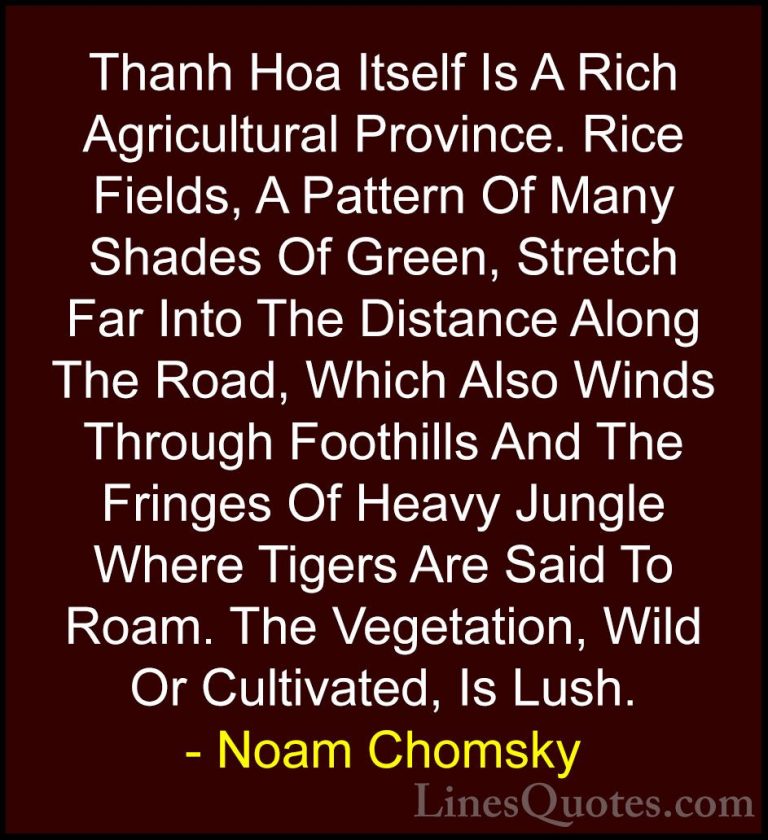 Noam Chomsky Quotes (74) - Thanh Hoa Itself Is A Rich Agricultura... - QuotesThanh Hoa Itself Is A Rich Agricultural Province. Rice Fields, A Pattern Of Many Shades Of Green, Stretch Far Into The Distance Along The Road, Which Also Winds Through Foothills And The Fringes Of Heavy Jungle Where Tigers Are Said To Roam. The Vegetation, Wild Or Cultivated, Is Lush.