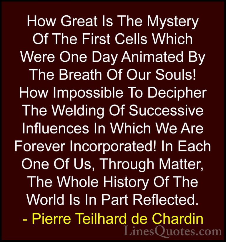 Pierre Teilhard de Chardin Quotes (74) - How Great Is The Mystery... - QuotesHow Great Is The Mystery Of The First Cells Which Were One Day Animated By The Breath Of Our Souls! How Impossible To Decipher The Welding Of Successive Influences In Which We Are Forever Incorporated! In Each One Of Us, Through Matter, The Whole History Of The World Is In Part Reflected.