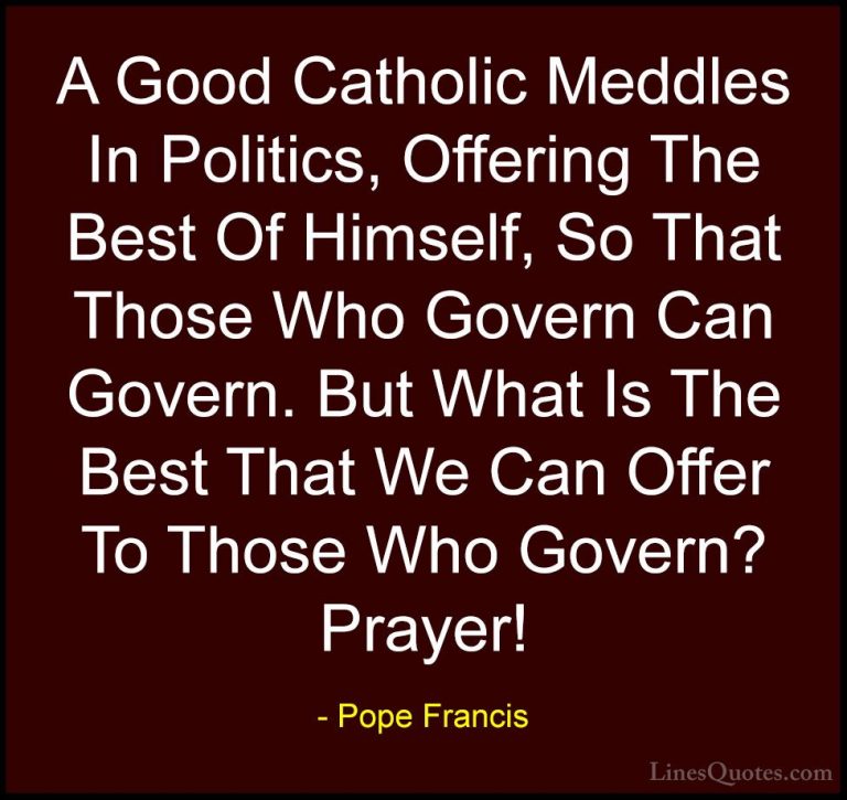 Pope Francis Quotes (103) - A Good Catholic Meddles In Politics, ... - QuotesA Good Catholic Meddles In Politics, Offering The Best Of Himself, So That Those Who Govern Can Govern. But What Is The Best That We Can Offer To Those Who Govern? Prayer!