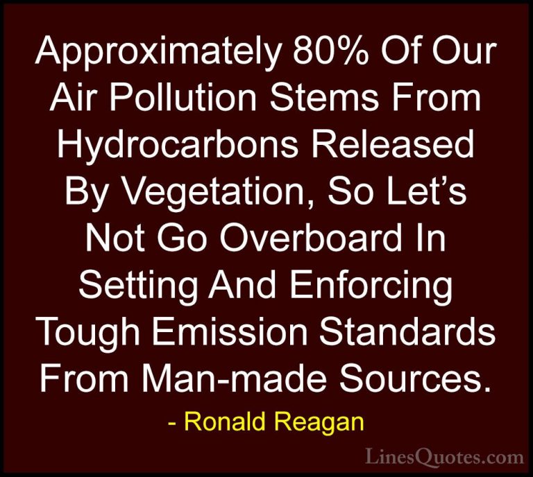 Ronald Reagan Quotes (66) - Approximately 80% Of Our Air Pollutio... - QuotesApproximately 80% Of Our Air Pollution Stems From Hydrocarbons Released By Vegetation, So Let's Not Go Overboard In Setting And Enforcing Tough Emission Standards From Man-made Sources.