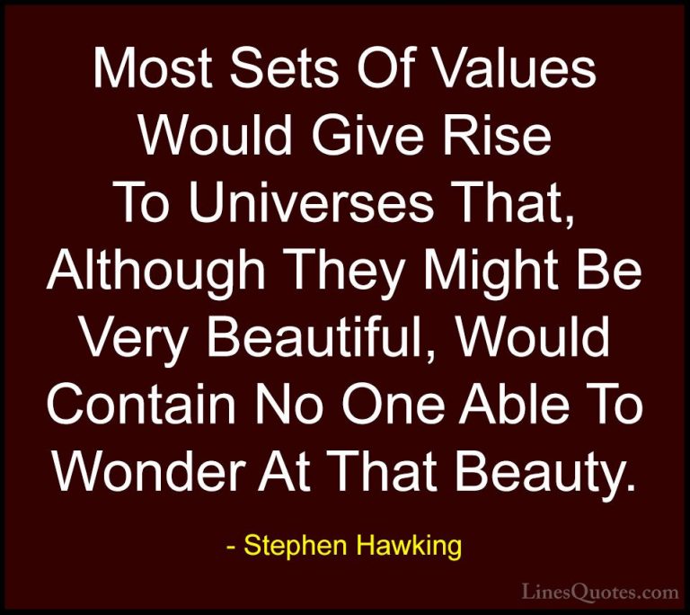 Stephen Hawking Quotes (169) - Most Sets Of Values Would Give Ris... - QuotesMost Sets Of Values Would Give Rise To Universes That, Although They Might Be Very Beautiful, Would Contain No One Able To Wonder At That Beauty.