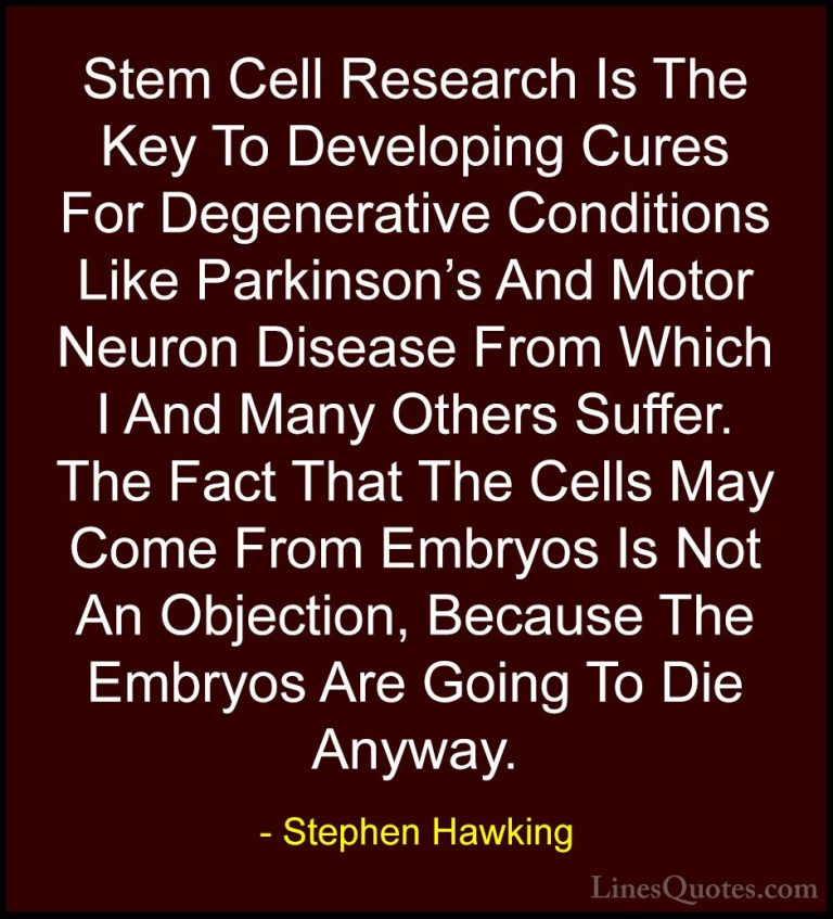 Stephen Hawking Quotes (36) - Stem Cell Research Is The Key To De... - QuotesStem Cell Research Is The Key To Developing Cures For Degenerative Conditions Like Parkinson's And Motor Neuron Disease From Which I And Many Others Suffer. The Fact That The Cells May Come From Embryos Is Not An Objection, Because The Embryos Are Going To Die Anyway.