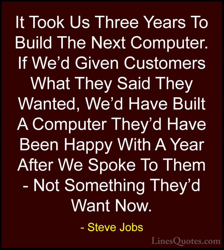 Steve Jobs Quotes (118) - It Took Us Three Years To Build The Nex... - QuotesIt Took Us Three Years To Build The Next Computer. If We'd Given Customers What They Said They Wanted, We'd Have Built A Computer They'd Have Been Happy With A Year After We Spoke To Them - Not Something They'd Want Now.
