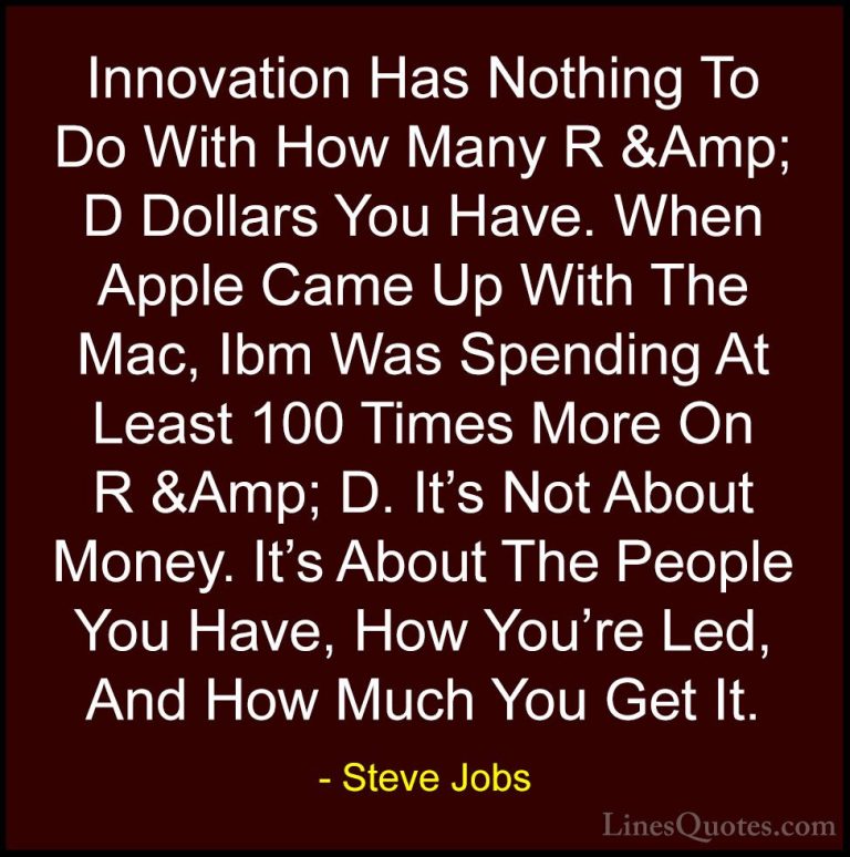 Steve Jobs Quotes (55) - Innovation Has Nothing To Do With How Ma... - QuotesInnovation Has Nothing To Do With How Many R &Amp; D Dollars You Have. When Apple Came Up With The Mac, Ibm Was Spending At Least 100 Times More On R &Amp; D. It's Not About Money. It's About The People You Have, How You're Led, And How Much You Get It.