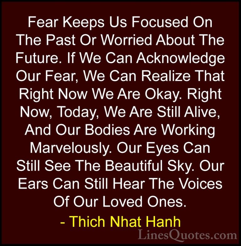 Thich Nhat Hanh Quotes (1) - Fear Keeps Us Focused On The Past Or... - QuotesFear Keeps Us Focused On The Past Or Worried About The Future. If We Can Acknowledge Our Fear, We Can Realize That Right Now We Are Okay. Right Now, Today, We Are Still Alive, And Our Bodies Are Working Marvelously. Our Eyes Can Still See The Beautiful Sky. Our Ears Can Still Hear The Voices Of Our Loved Ones.