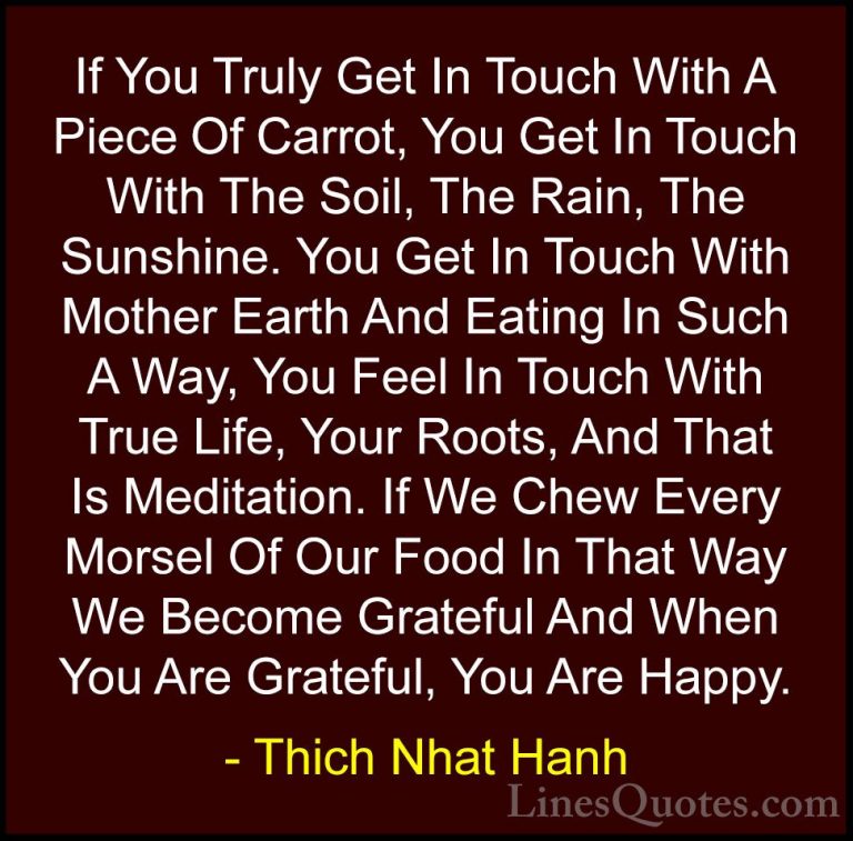 Thich Nhat Hanh Quotes (2) - If You Truly Get In Touch With A Pie... - QuotesIf You Truly Get In Touch With A Piece Of Carrot, You Get In Touch With The Soil, The Rain, The Sunshine. You Get In Touch With Mother Earth And Eating In Such A Way, You Feel In Touch With True Life, Your Roots, And That Is Meditation. If We Chew Every Morsel Of Our Food In That Way We Become Grateful And When You Are Grateful, You Are Happy.