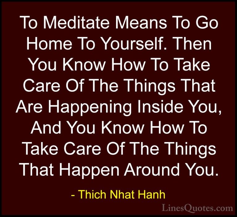 Thich Nhat Hanh Quotes (22) - To Meditate Means To Go Home To You... - QuotesTo Meditate Means To Go Home To Yourself. Then You Know How To Take Care Of The Things That Are Happening Inside You, And You Know How To Take Care Of The Things That Happen Around You.