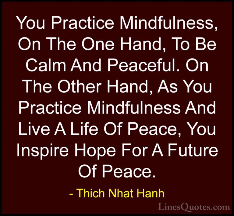 Thich Nhat Hanh Quotes (37) - You Practice Mindfulness, On The On... - QuotesYou Practice Mindfulness, On The One Hand, To Be Calm And Peaceful. On The Other Hand, As You Practice Mindfulness And Live A Life Of Peace, You Inspire Hope For A Future Of Peace.