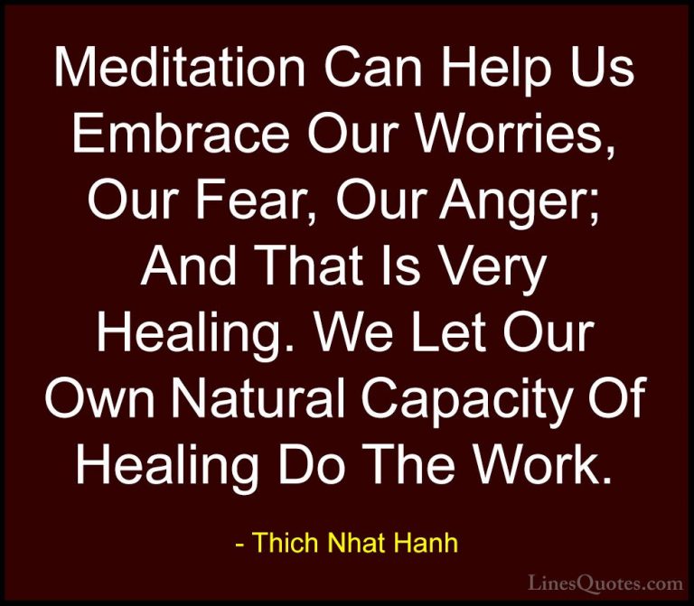 Thich Nhat Hanh Quotes (39) - Meditation Can Help Us Embrace Our ... - QuotesMeditation Can Help Us Embrace Our Worries, Our Fear, Our Anger; And That Is Very Healing. We Let Our Own Natural Capacity Of Healing Do The Work.