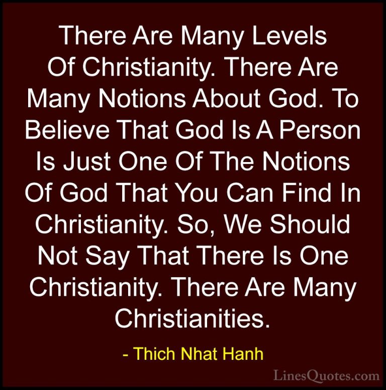 Thich Nhat Hanh Quotes (45) - There Are Many Levels Of Christiani... - QuotesThere Are Many Levels Of Christianity. There Are Many Notions About God. To Believe That God Is A Person Is Just One Of The Notions Of God That You Can Find In Christianity. So, We Should Not Say That There Is One Christianity. There Are Many Christianities.