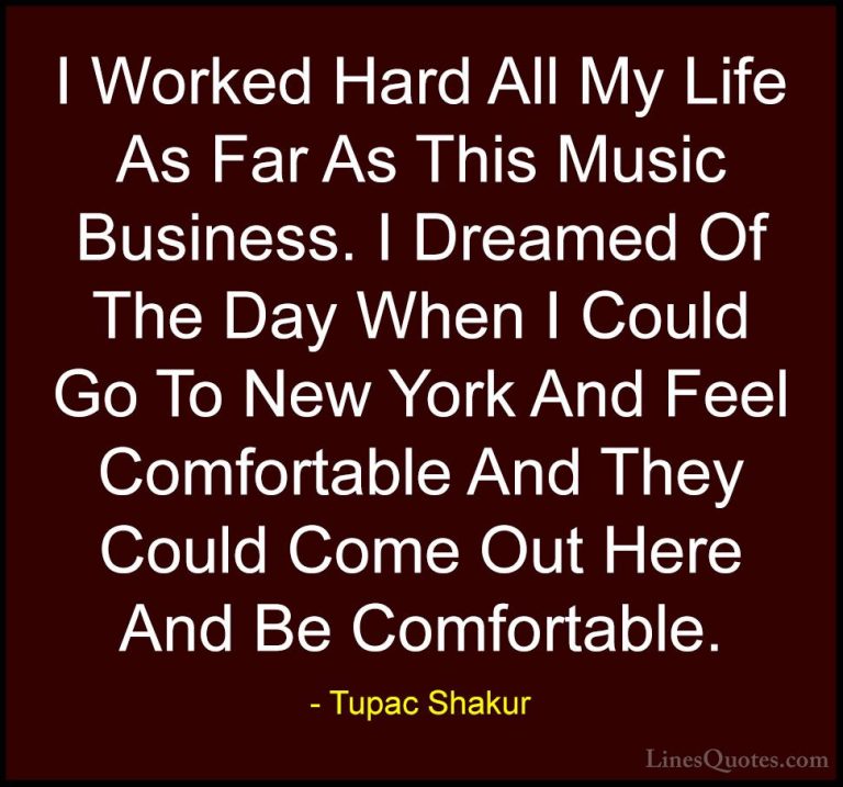Tupac Shakur Quotes (21) - I Worked Hard All My Life As Far As Th... - QuotesI Worked Hard All My Life As Far As This Music Business. I Dreamed Of The Day When I Could Go To New York And Feel Comfortable And They Could Come Out Here And Be Comfortable.