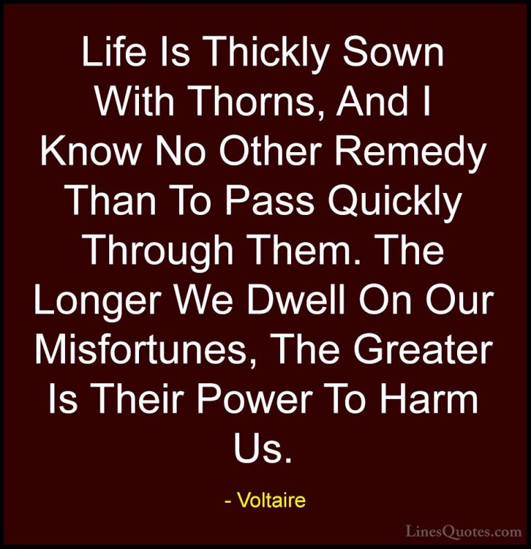 Voltaire Quotes (29) - Life Is Thickly Sown With Thorns, And I Kn... - QuotesLife Is Thickly Sown With Thorns, And I Know No Other Remedy Than To Pass Quickly Through Them. The Longer We Dwell On Our Misfortunes, The Greater Is Their Power To Harm Us.