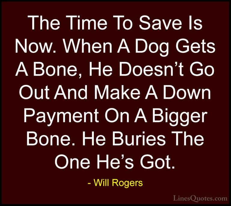 Will Rogers Quotes (50) - The Time To Save Is Now. When A Dog Get... - QuotesThe Time To Save Is Now. When A Dog Gets A Bone, He Doesn't Go Out And Make A Down Payment On A Bigger Bone. He Buries The One He's Got.