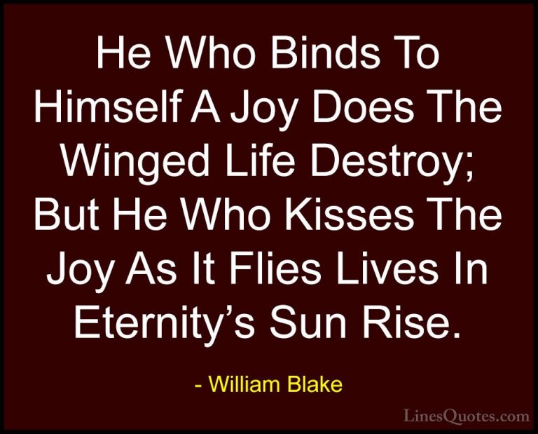 William Blake Quotes (62) - He Who Binds To Himself A Joy Does Th... - QuotesHe Who Binds To Himself A Joy Does The Winged Life Destroy; But He Who Kisses The Joy As It Flies Lives In Eternity's Sun Rise.