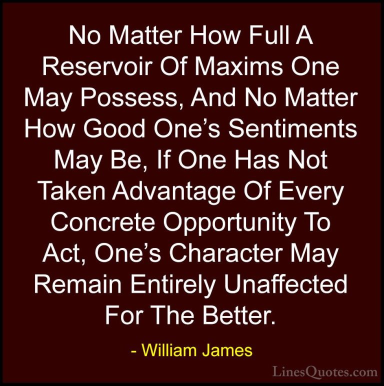 William James Quotes (22) - No Matter How Full A Reservoir Of Max... - QuotesNo Matter How Full A Reservoir Of Maxims One May Possess, And No Matter How Good One's Sentiments May Be, If One Has Not Taken Advantage Of Every Concrete Opportunity To Act, One's Character May Remain Entirely Unaffected For The Better.