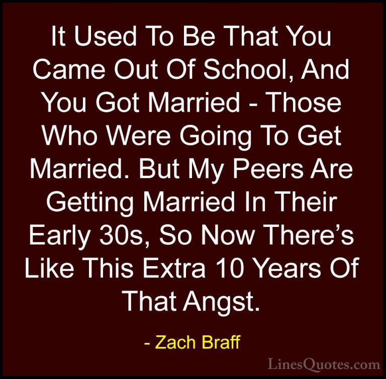 Zach Braff Quotes (37) - It Used To Be That You Came Out Of Schoo... - QuotesIt Used To Be That You Came Out Of School, And You Got Married - Those Who Were Going To Get Married. But My Peers Are Getting Married In Their Early 30s, So Now There's Like This Extra 10 Years Of That Angst.